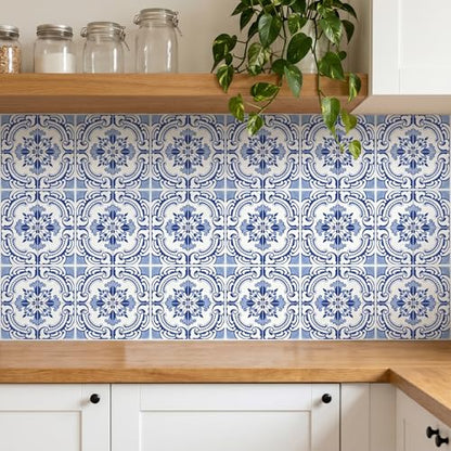 30 Pack, 4x4 Inch Classic Portuguese Azulejo Tile Decals, Blue and White Peel and Stick Vinyl for Backsplash, Stairs & Furniture (Blue) - color: Blue