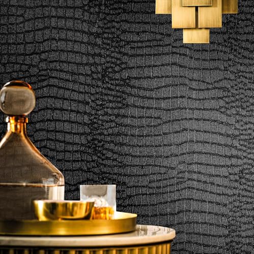 Fititem 17.3”×1180” Black Peel and Stick Wallpaper Crocodile Texture Modern - size: 17.3" x 1180"