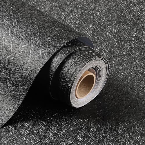 Kitico 17" x 393" Black Silk Wallpaper Peel and Stick, Embossed Textured Self Adhesive Wallpaper, Contact Paper Removable Waterproof Kitchen Vinyl Wrap Cabinet Furniture Textured Renter Friendly Wall - size: 17.7" x 393"