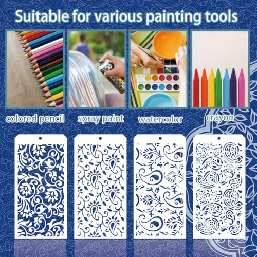 12 Pcs Paisley Element Stencils for Painting, 12 Styles Paisley Peacock Feathers Border Pattern Reusable Stencils Templates for Painting on Furniture Scrapbook Decor - style: Paisley Peacock Feathers