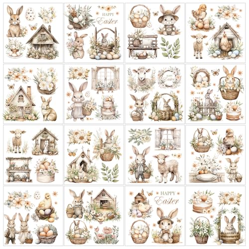 16 Pcs Easter Rub on Transfers, Vintage Cute Bunny Rub on Transfers for Crafts and Furniture, Boho Easter Dtf Transfers Ready to Press for Home Office Wood DIY Crafts Gift - color: Vintage Easter