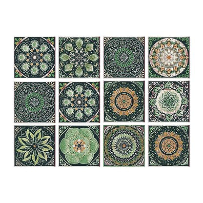 Easy Peel Stick Vinyl wall Tile Decals 6x6in Stick on backsplash,12Pc - color: Multi Color (Green Main Color) 6x6