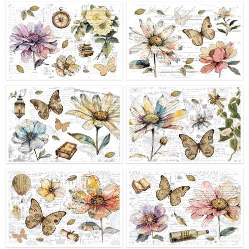 6 Pcs Watercolor Script Rub-On Transfers, 8 x 12 Inch - style: Vintage Botanical Collage