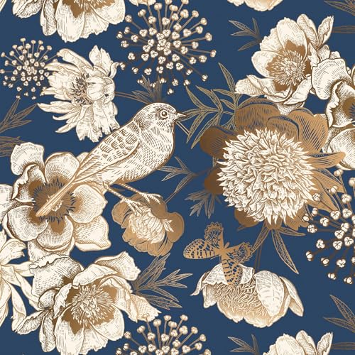 ReWallpaper Navy Blue Gold Floral Peel and Stick Wallpaper Vintage Bird Wallpaper Self Adhesive Contact Paper for Cabinets Drawers Vanity Shelf Bedroom Bathroom Powder Room Renter Friendly 17.5inx10ft - color: Navy Blue, size: 17.5in X 10ft