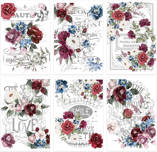 Rub on Transfers for Furniture and Crafts: 6 Pcs Large Vintage Red Floral Rub on Transfer Crafting, Flower UV DTF Sticker Decals, Iod Transfers for Wood Tables Walls DIY Home Decor(8.3×12-in) - style: Red and White Floral