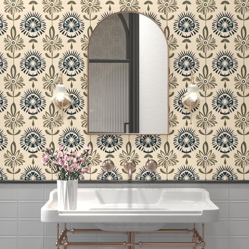 BOKEBEVE Boho Floral Peel and Stick Wallpaper Beige Blue 17.5 x 787In - color: Dark Beige/Blue/Green, size: 17.5" x 787"