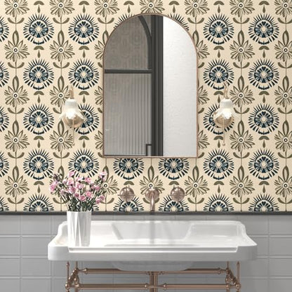 BOKEBEVE Boho Floral Peel and Stick Wallpaper Beige Blue 17.5 x 787In - color: Dark Beige/Blue/Green, size: 17.5" x 787"