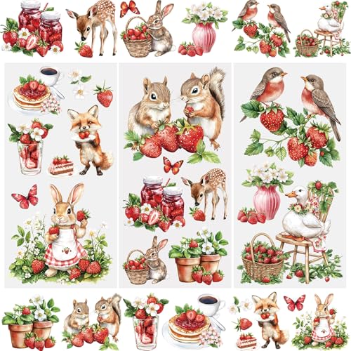 WANDIC 3 Sheets Rub On Transfer Stickers, Animal Strawberries Waterproof Decals Furniture Craft Decorative, Junk Journals for DIY Scrapbooking, 15 * 30cm - color: Animal Strawberry Series
