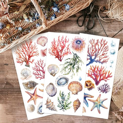 OLYCRAFT 3pcs/Set Ocean Rub on Transfers for Furniture and Crafts 6x12 Inch Coral Shell Furniture Decals Transfer Stickers Starfish Rub on Decal with 1pc Scraper for Wood Furniture Home Decoration - style: Ocean