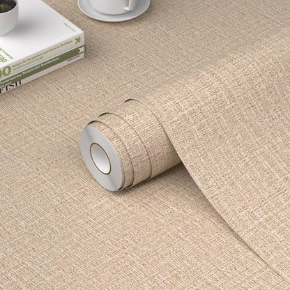 WADILE Grasscloth Peel and Stick Wallpaper 15.7in x 787.4in, Textured Contact Paper for Cabinets, Faux Linen Wall Paper Pull and Stick, Fabric Vinyl Wallpaper Self Adhesive Khaki - color: Khaki, size: 15.7" x 787.4"