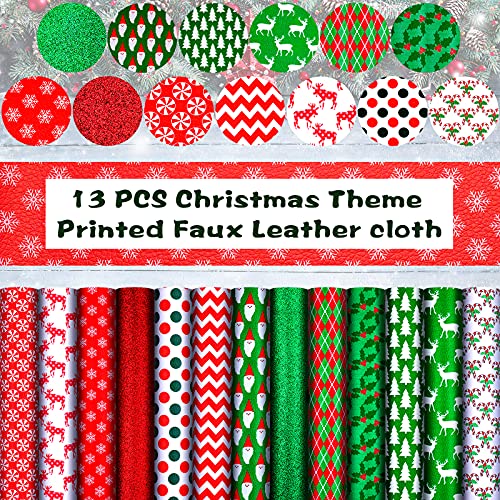 13 Pcs Christmas Faux Leather Sheets Santa Claus Glitter Synthetic Leather Fabric Deer Snowflakes Candy Christmas Tree for Holiday DIY Bows Earrings Crafts Making Supplies, 6.3" x 8.3"(Animal Style)