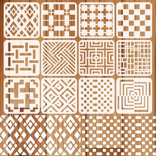 INFUNLY 12 Pcs Rectangle Checkered Stencils for Painting 7.9x7.9 Reusable Geometric Stencils Classic Plaid Stamp Plate Brick Layered Drawing Template for Wood Canvas Wall Paper Home Decor