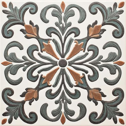 HOMETITUTE Baroque Green Brown Embossed Peel Stick Floor 12"x12" - color: Green#2