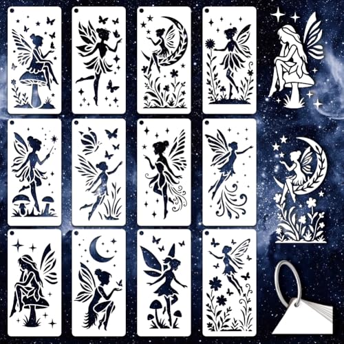 12 Sheets Fairy Stencils for Painting, Moon Fairy Wildflower Butterfly Drawing Templates Plastic Art Templates for Painting on Wall Wood Home Decor - style: Fairy
