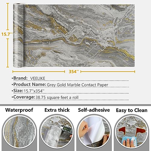 VEELIKE Grey Gold Liquid Marble Countertop Contact Paper Waterproof Peel and Stick for Kitchen 15.7''x354'' Matte Marble Wallpaper Self Adhesive Granite Vinyl for Bathroom Walls - size: 15.7" x 354"