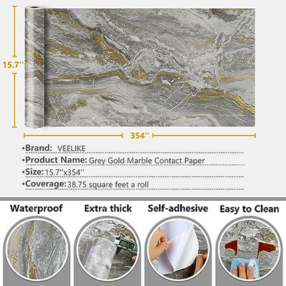 VEELIKE Grey Gold Liquid Marble Countertop Contact Paper Waterproof Peel and Stick for Kitchen 15.7''x354'' Matte Marble Wallpaper Self Adhesive Granite Vinyl for Bathroom Walls - size: 15.7" x 354"