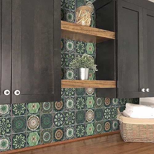 Easy Peel Stick Vinyl wall Tile Decals 6x6in Stick on backsplash,12Pc - color: Multi Color (Green Main Color) 6x6