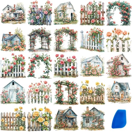 ZMRU 24 Sheets of Watercolor Style Rub on Transfers for Crafts - Perfect for Glass, Porcelain, Leather, Canvas, and Fabric Projects - IOD Transfers Included,3 * 3inch (Spring Rose) - style: Spring Rose