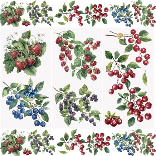 WANDIC 3 Sheets Strawberry Rub on Transfer Stickers, Waterproof Fresh Berries Transfer Decals Blueberry Stickers for Crafts Furniture DIY Crafts Decoration,15 * 30cm - color: Berries Theme