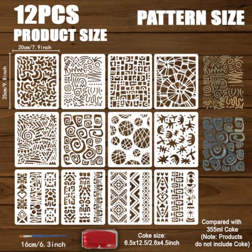 FINGERINSPIRE 12Pcs Geometric Painting Stencils 9.84x7.87inch with Paintbrush Reusable Texture Art Stencils Geometric Plastic Hollow Out Templates for Wood Furniture Canvas Scrapbook