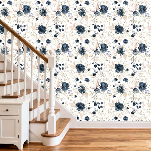 Navy Blue Floral Peel and Stick Wallpaper 17.7"x393.3" - color: Navy Blue/White/Gold/Beige, size: 17.7" x 393.3"