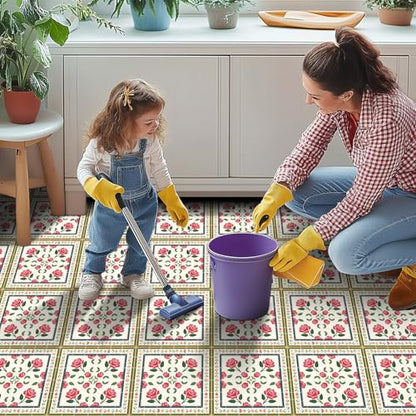HOMETITUTE Red Rose Colorful Border Floor 12in Vinyl Tile - color: Red