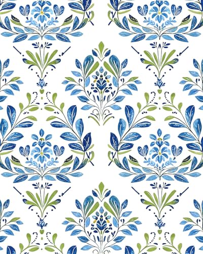 BOKEBEVE Boho Floral Peel and Stick Wallpaper Blue White 17.5 x 393.5In - color: Blue/White, size: 17.5" x 393.5"