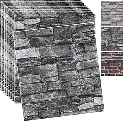 20PCS 3D Wall Panels Peel and Stick 3D Brick Wallpaper Peel and Stick Faux Stone Wall Panel Foam Brick Self-Adhesive Wallpaper (Black 20pcs) - color: Black, size: 20PCS