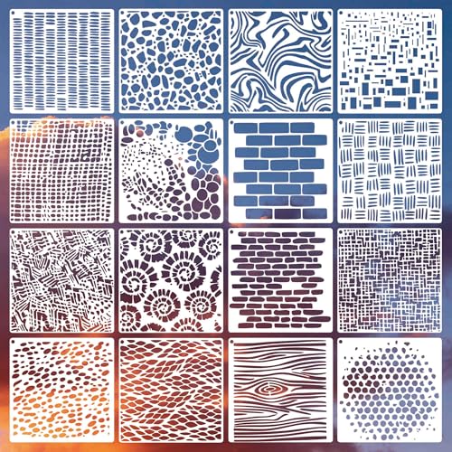 16Pcs Reusable Texture Stencils, Art Deco Spray Painting Stencils for Wood Fabric Furniture Canvas Plastic DIY Crafts