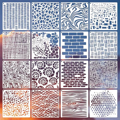 16Pcs Reusable Texture Stencils, Art Deco Spray Painting Stencils for Wood Fabric Furniture Canvas Plastic DIY Crafts