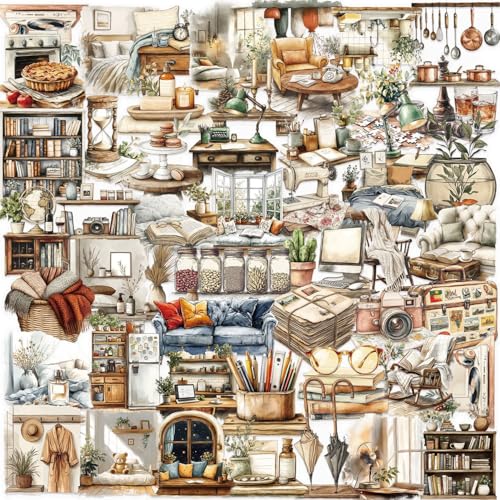 50pcs Home Art Stickers for Laptop Water Bottles, Transparent PET Waterproof Adhesive House Decals Retro Home Decor Sticker for Kids Birthday Party Scrapbook Phone (Retro-2) - color: Retro-2