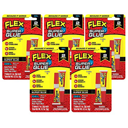 Flex Super Glue Gel, (2) 3 Gram Tubes, 5-Pack, Clear, Instant Bond, Quick Dry, Cyanoacrylate Adhesive, Precision Tip for Wood, Metal, Plastic, Crafts, Ceramic, and Toy Repairs - size: 5-Pack, style: Gel (2) 3 Gram Tubes