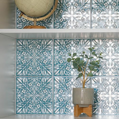 Peel and Stick Metal Tiles, Teal & Silver Leaves, 10-Pack - style: Teal and Silver Leaves