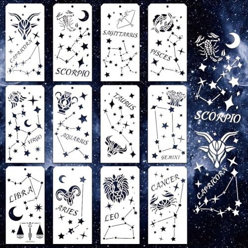 12 Pcs Stars Decorative Stencils, 12 Styles Star and Moon Stencil Reusable Star Zodiac Constellation Painting Stencils for Painting on Furniture Scrapbook Decor - style: Star and Moon