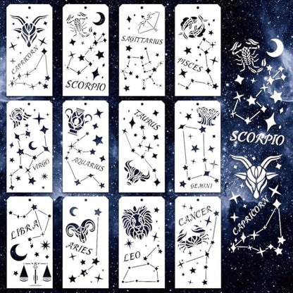 12 Pcs Stars Decorative Stencils, 12 Styles Star and Moon Stencil Reusable Star Zodiac Constellation Painting Stencils for Painting on Furniture Scrapbook Decor - style: Star and Moon