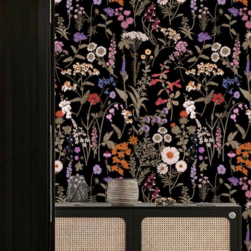 Peel and Stick Wallpaper - 17.7x 118.11 Inch Self Adhesive Removable Wallpaper - Vintage Floral Botanical Leaves Pattern - Easy Install No Glue - Waterproof Vinyl for Kitchen Bathroom Bedroom Decor - color: Boho-Black, size: 17.3" x 118.1"