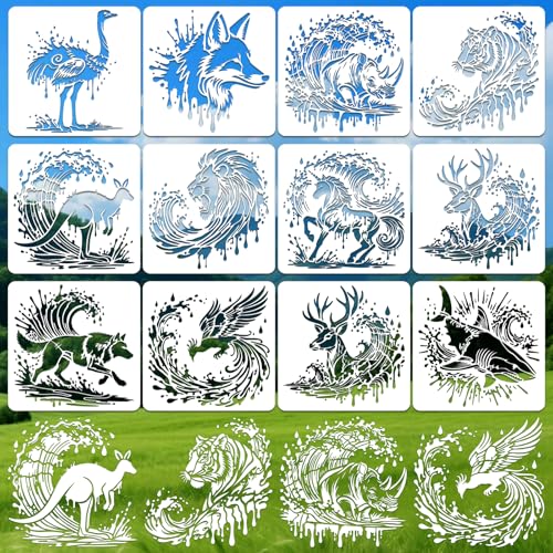 Animal Wave Stencils for Crafts Reusable 12Pcs Stencils(11.8X11.8 Inch) - color: Animal Wave