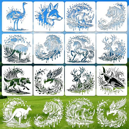 Animal Wave Stencils for Crafts Reusable 12Pcs Stencils(11.8X11.8 Inch) - color: Animal Wave