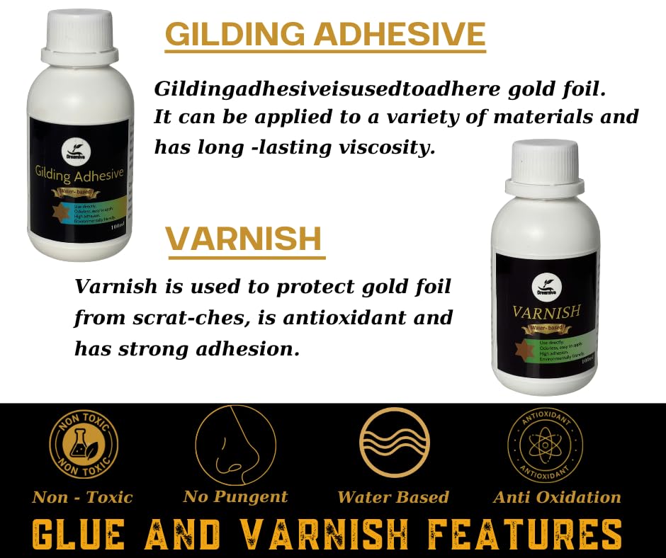 Gold Leaf Kit with Gilding Adhesive and Varnish, 100ml Water-Based Glue Sealer Set, Golden Foil Sheets for Art, Professional Metal Leafing Supplies, Furniture Painting Restoration Craft Tools