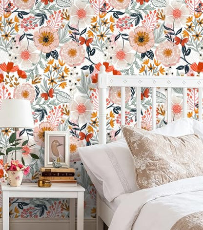 Peel and Stick Wallpaper Floral Wallpaper for Bathroom - color: Retro White