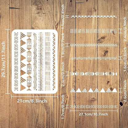 FINGERINSPIRE Mudcloth Elements Pattern Stencil 8.3x11.7inch Tribal Borders Drawing Template African Boho Floral Frame Stencils for Painting on Wood Wall Fabric Paper Furniture