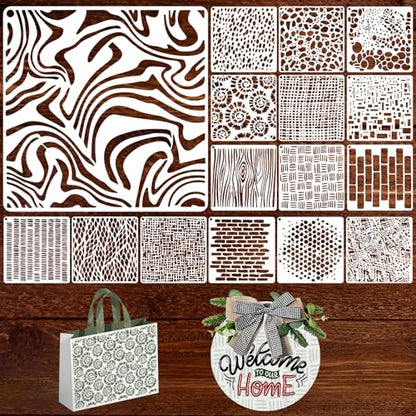 16 Pcs 6x6 Inch Geometric Stencils for Painting,Reusable Abstract Layering Stencils with Texture Bubble Dot Waves Stone Crackle Splatter Patterns for Furniture,Floor,Canvas & DIY Home Decor