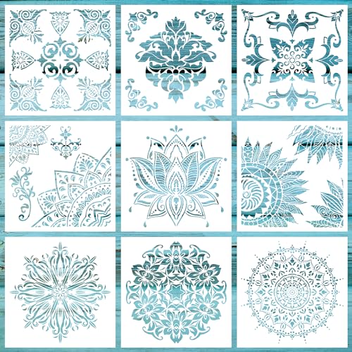 9 Large Mandala Lotus Stencils, 12 Inch Corner Patterns for Furniture