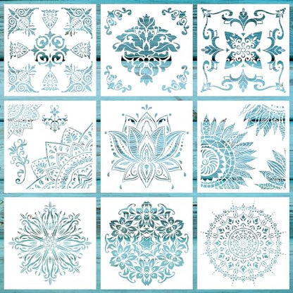 9 Large Mandala Lotus Stencils, 12 Inch Corner Patterns for Furniture