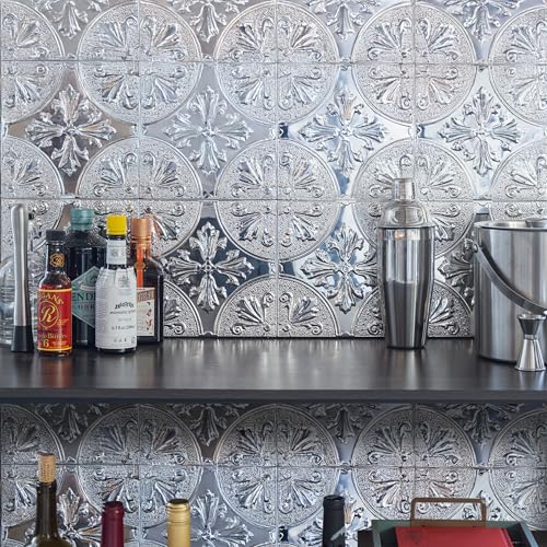 Peel and Stick Metal Backsplash Tiles, Silver Fleur, 10-Pack - style: Silver Fleur