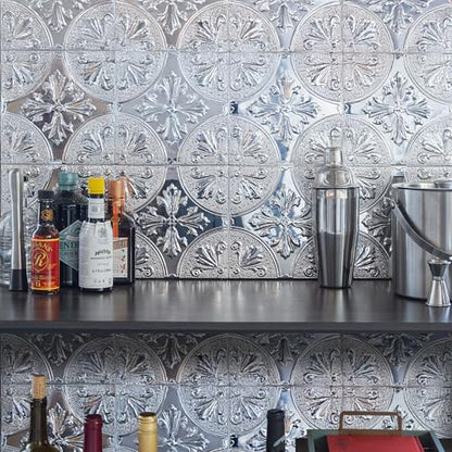 Peel and Stick Metal Backsplash Tiles, Silver Fleur, 10-Pack - style: Silver Fleur