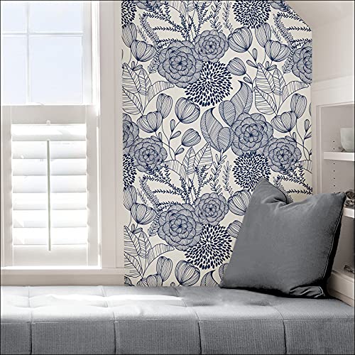 NuWallpaper by WallPops NUS3830 Navy Secret Garden Peel & Stick Wallpaper, Blue - color: Blue