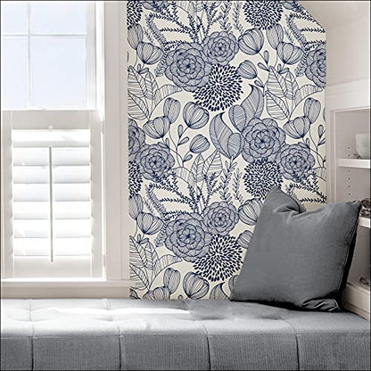 NuWallpaper by WallPops NUS3830 Navy Secret Garden Peel & Stick Wallpaper, Blue - color: Blue