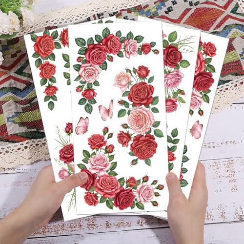 GLOBLELAND 4 Sheets Roses Flowers Corners Furniture Transfers Stickers 6x12inch Pink Roses Rub on Transfer UV Self-Adhesive Stickers Wall Art Craft for Bedroom Living Room Table Decoration