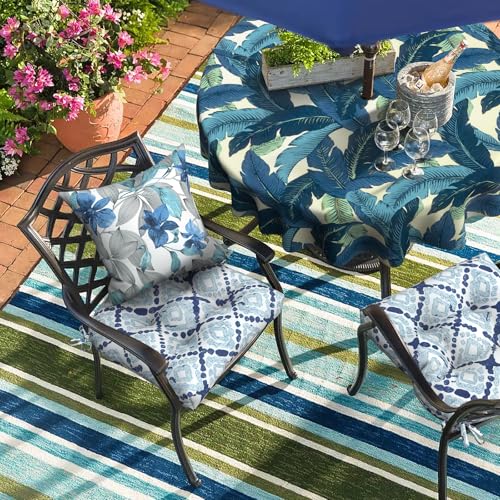DYTXIII Set of 2 Outdoor Chair Cushions 19"x19"x4", Water Repellent Tufted Patio Seat Cushions with Ties, Thick Replacement Pads for Wicker Dining Chairs, Patio Furniture, Boho Geometry Blue - color: Boho Geometry Blue